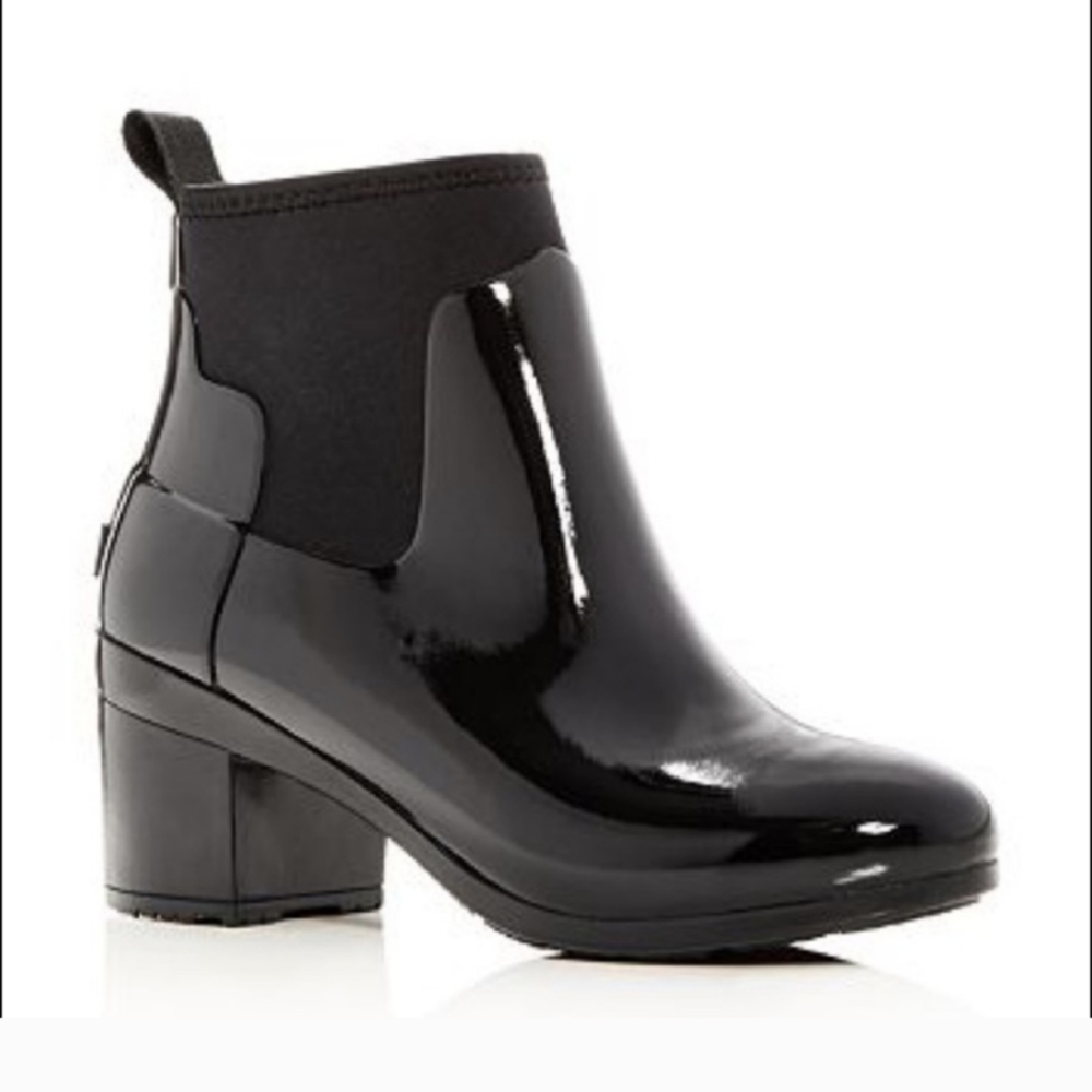 Hunter Refined Black Gloss Mid Block Heel Rain Booties Size 5